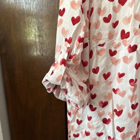 New Velvet Heart Long Sleeve Button-Up Shirt Women's 1 XL Pink Peach Heart Print - Picture 2 of 6